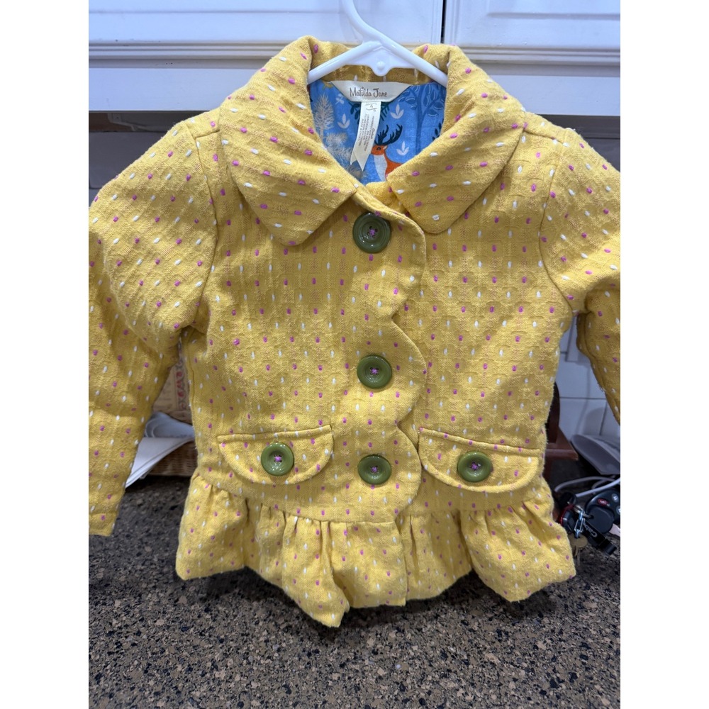 Matilda Jane Girls Yellow Polka Dot Peplum Jacket Coat Deer‎ Lining Size 4
